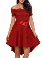 Choies Red Off Shoulder Lace Panel Tie Waist Hi-lo Dress