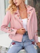 Choies Pink Lapel Embroidery Floral Detail Leather Look Biker Jacket