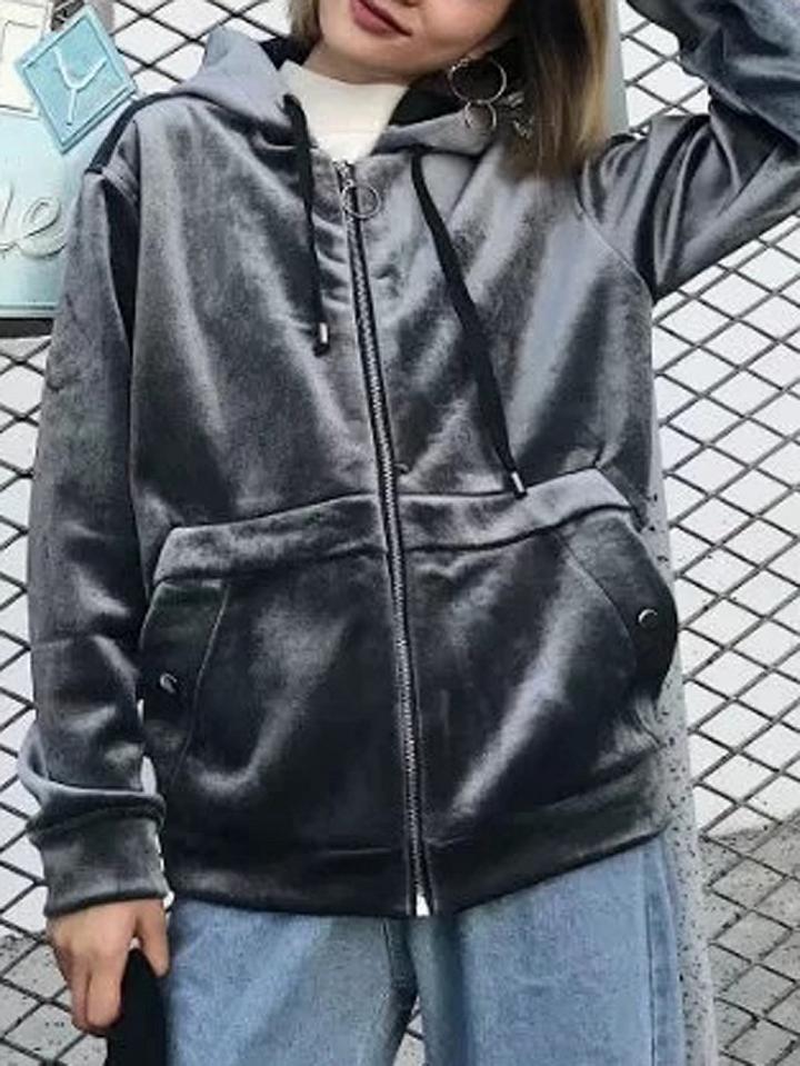 Choies Gray Velvet Zip Front Long Sleeve Hooded Coat