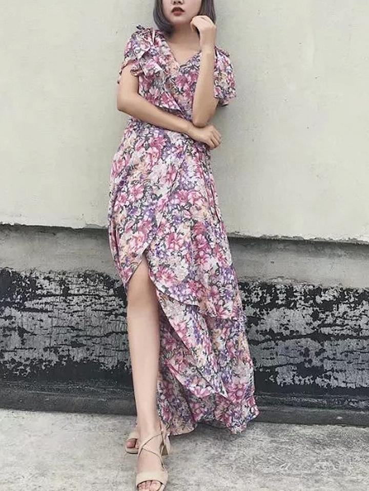 Choies Polychrome Floral V-neck Tie Side Layered Maxi Dress