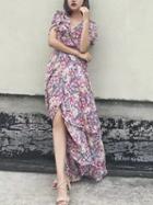Choies Polychrome Floral V-neck Tie Side Layered Maxi Dress