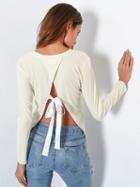 Choies White V-neck Open Back Long Sleeve Ribbed T-shirt