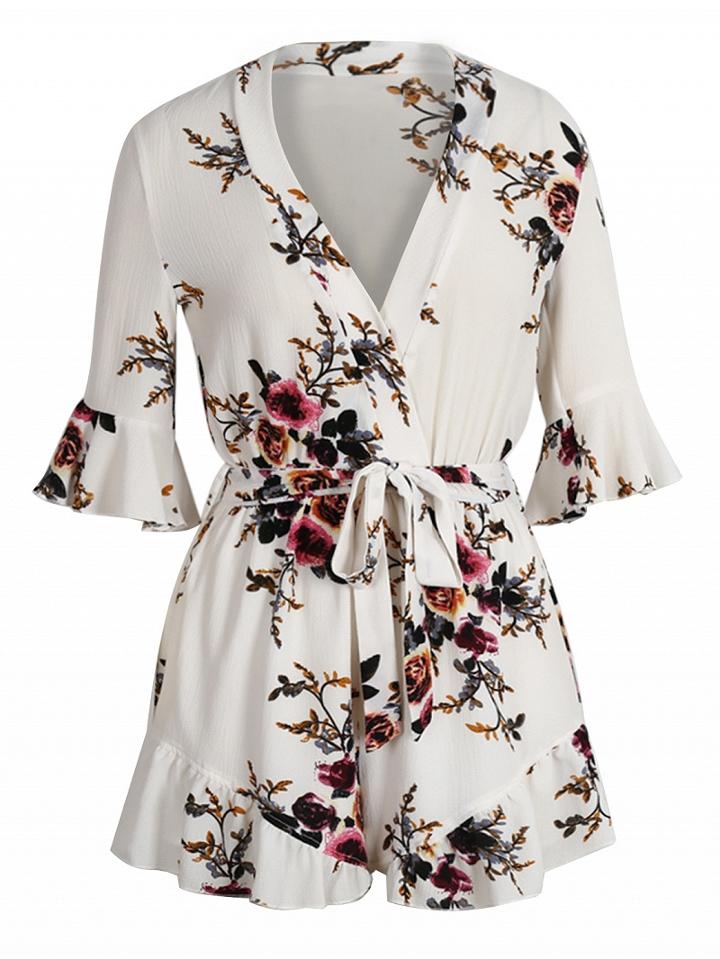 Choies White Floral Plunge V-neck Tie Waist Ruffle Hem Romper Playsuit