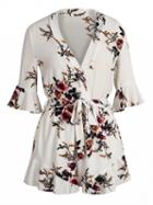 Choies White Floral Plunge V-neck Tie Waist Ruffle Hem Romper Playsuit