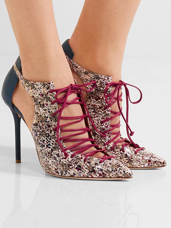 Choies Polychrome Leather Lace Up Cut Out Pointed Contrast Heeled Shoes