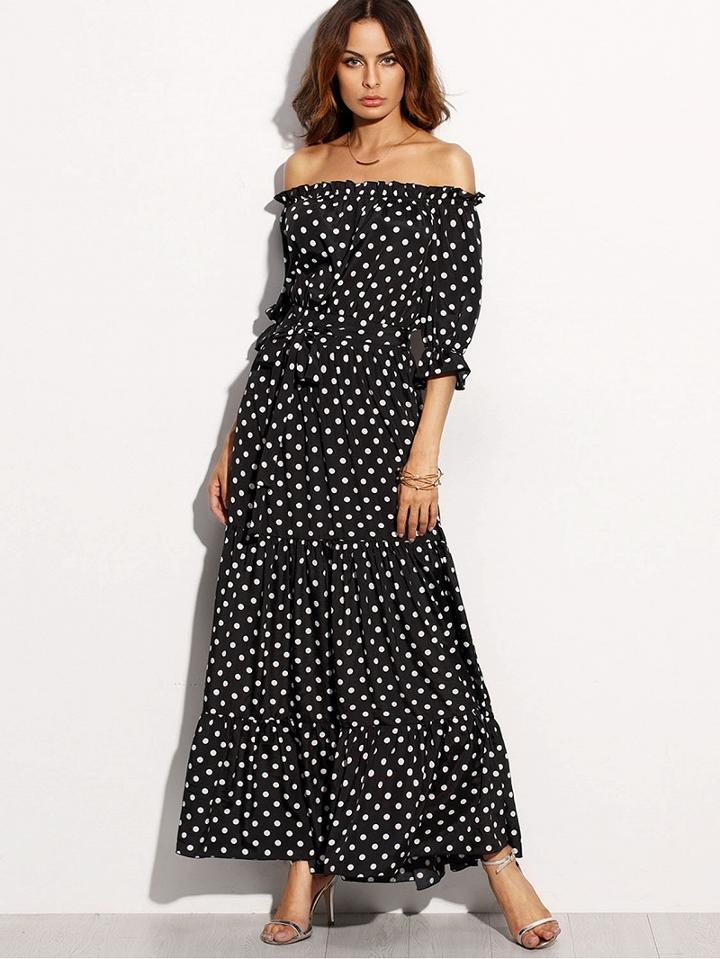 Choies Black Off Shoulder Polka Dot Ruffle Hem Maxi Dress