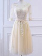 Choies Champagne Sheer Mesh Embroidery Lace Up Back Tulle Midi Prom Dress