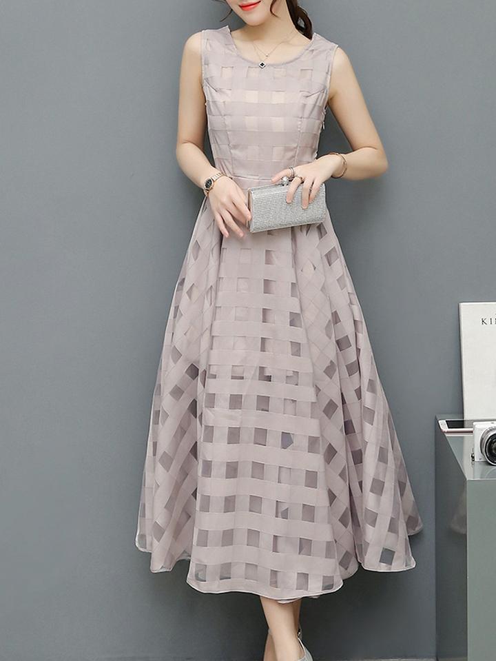 Choies Gray Sheer Plaid Sleeveless Organza Beach Maxi Dress