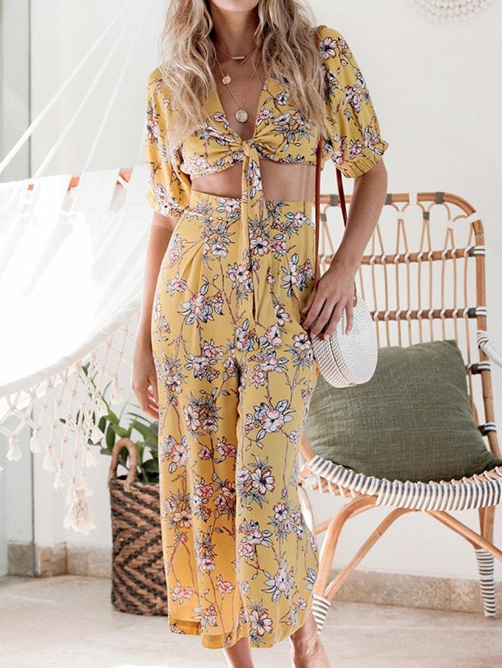 Choies Yellow V-neck Floral Print Crop Top And High Waist Wide Leg Pants
