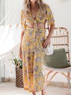 Choies Yellow V-neck Floral Print Crop Top And High Waist Wide Leg Pants