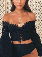 Choies Black Off Shoulder Lace Panel Puff Sleeve Crop Blouse