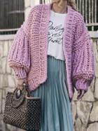 Choies Pink Open Front Puff Sleeve Chic Women Knit Cardigan