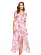 Choies Polychrome V-neck Spaghetti Strap Ruffle Trim Print Detail Dress
