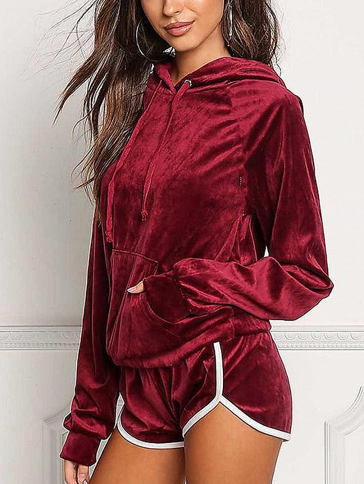 Choies Burgundy Velvet Long Sleeve Hoodie And High Waist Shorts
