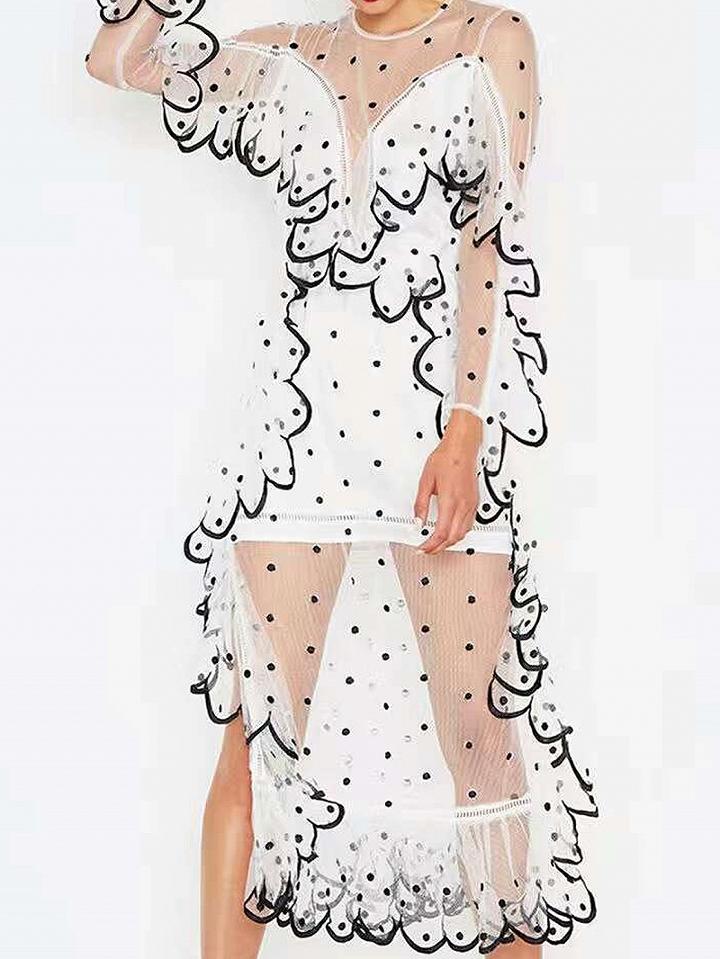 Choies White Ruffle Hem Polka Dot Long Sleeve Sheer Organza Maxi Dress