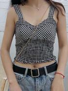 Choies Black Plaid Cotton V-neck Ruched Detail Chic Women Crop Cami Top
