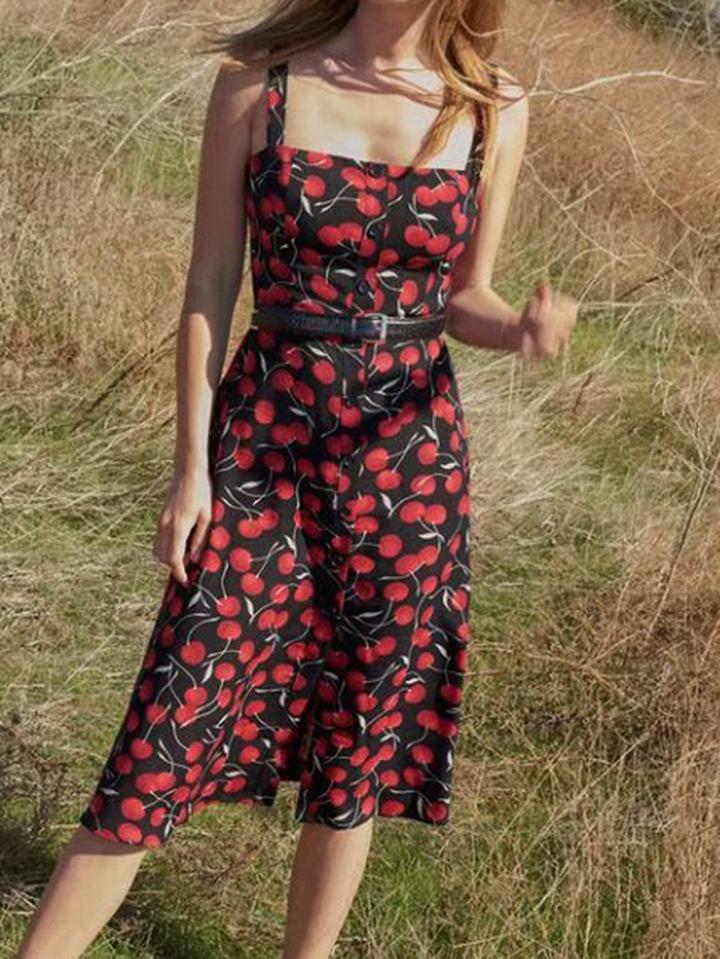 Choies Black Cherry Print Button Placket Front Chic Women Cami Midi Dress