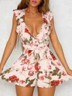 Choies Pink Floral V-neck Ruffle Trim Backless Romper Playsuit
