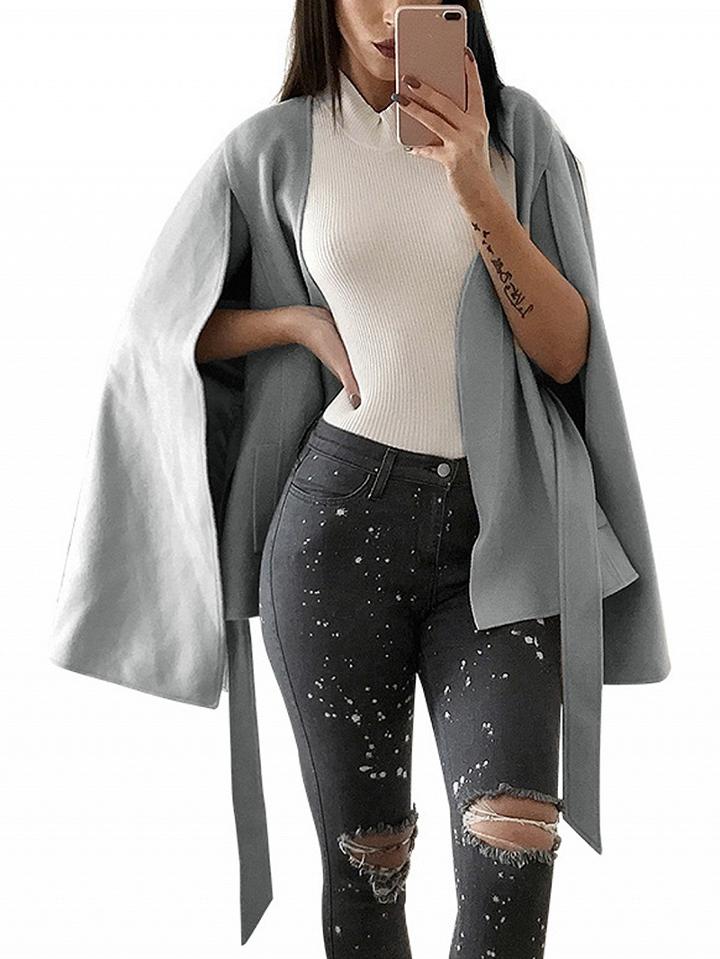Choies Gray Tie Waist Wool Blend Poncho Coat