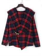 Choies Red Contrast Check Print Asymmetric Hooded Coat