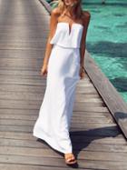 Choies White Bandeau V-neck Ruffle Trim Maxi Dress