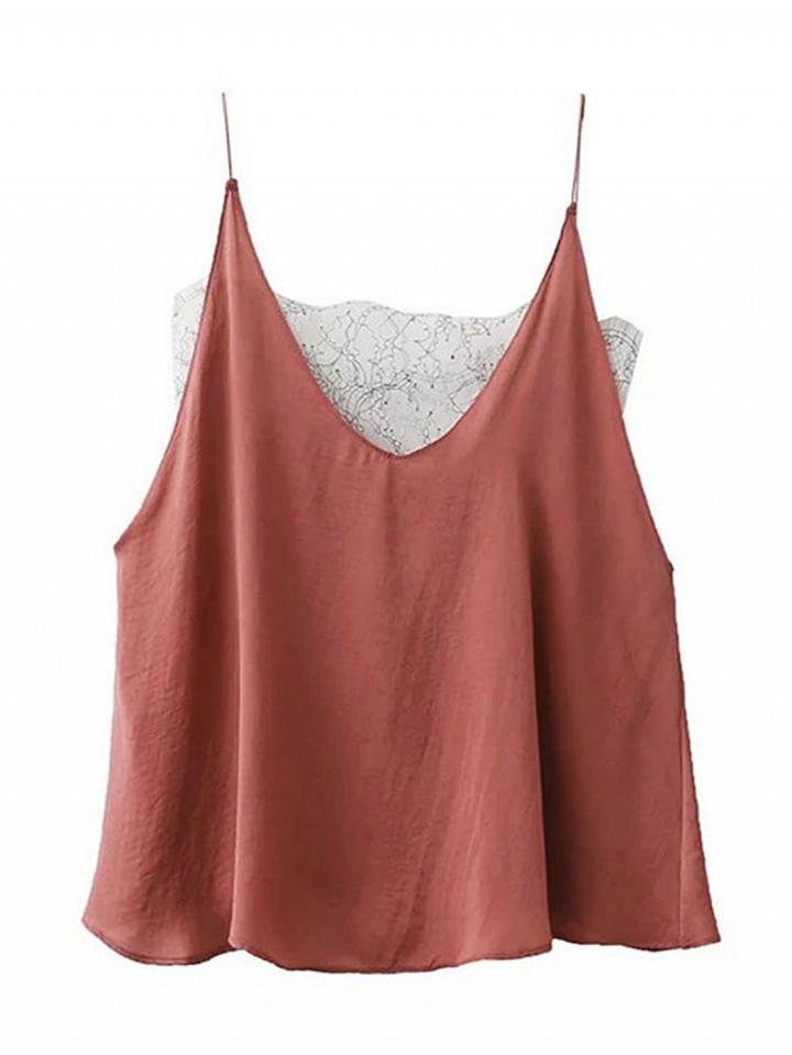 Choies Brick-red V-neck Sheer Lace Paneled Cami Top