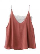 Choies Brick-red V-neck Sheer Lace Paneled Cami Top