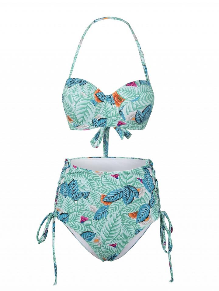 Choies Green Leaf And Floral Print Padded Bikini Top And High Waist Bottom