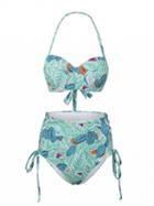 Choies Green Leaf And Floral Print Padded Bikini Top And High Waist Bottom