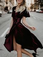 Choies Burgundy Velvet V-neck Tie Waist Chic Women Hi-lo Dress