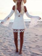 Choies White V-neck Lace Trim Panel Flare Sleeve Chic Women Cami Mini Dress