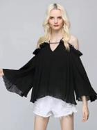 Choies Black Off Shoulder Ruffle Trim Flared Sleeve Pleated Blouse