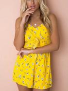 Choies Yellow Spaghetti Strap Cut Out Detail Bow Front Romper Playsuit