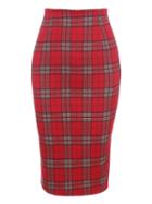 Choies Red Plaid Pencil Midi Skirt With Back Slit