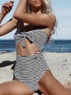 Choies Monochrome Stripe Bow Front Cut Out Detail Swimsuit