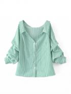 Choies Green Stripe Pointed Collar V Front Puff Sleeve Shirt