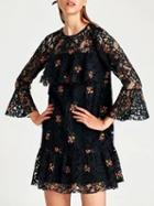 Choies Black Embroidery Floral Long Sleeve Lace Mini Dress