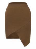 Choies Brown High Waist Wrap Asymmetric Hem Knitted Pencil Skirt