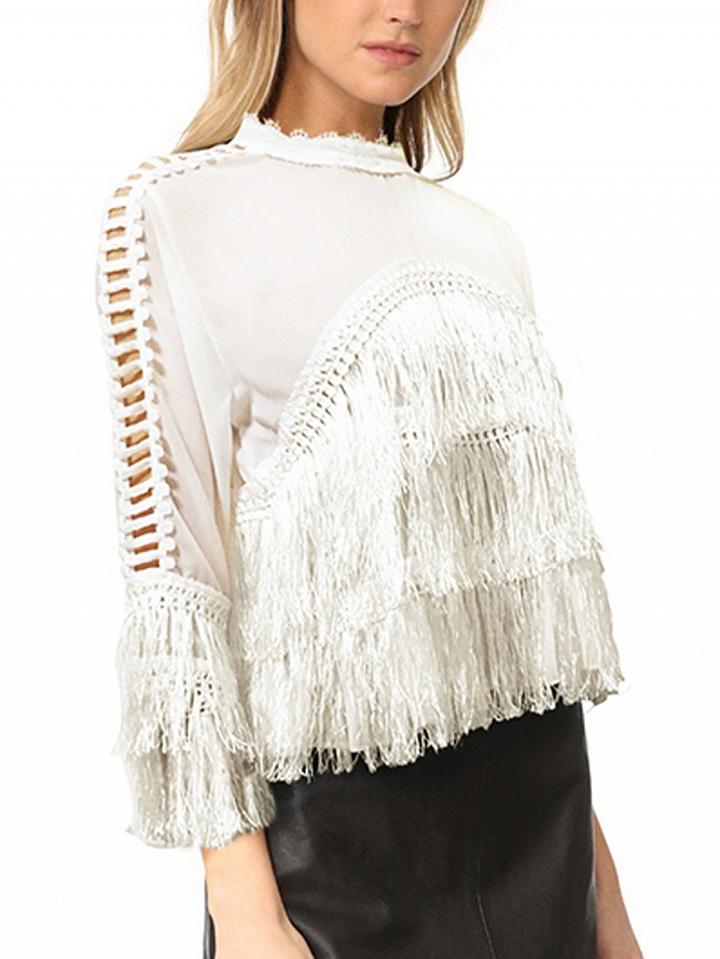 Choies White Tassel Trim Cut Out Detail Long Sleeve Blouse