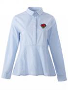 Choies Blue Embroidery Rose Long Sleeve Shirt