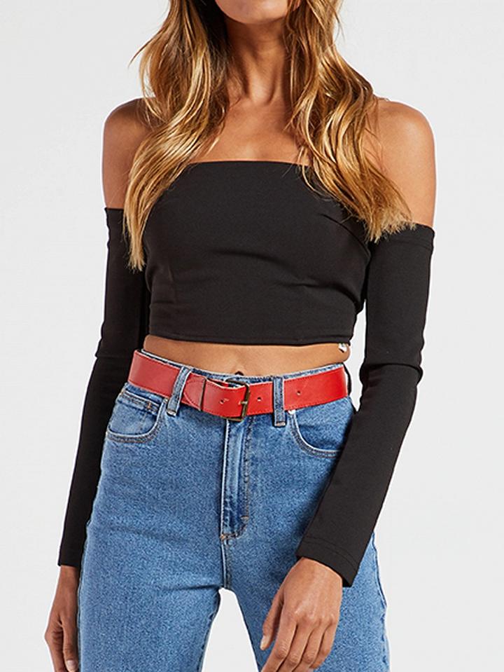 Choies Black Off Shoulder Lace Up Back Long Sleeve Cropped T-shirt
