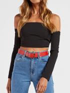 Choies Black Off Shoulder Lace Up Back Long Sleeve Cropped T-shirt