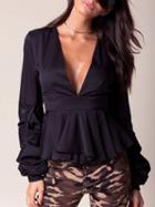 Choies Black Plunge Ruffle Front Ruched Sleeve Blouse
