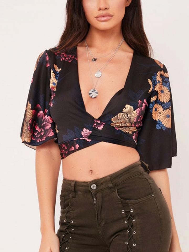 Choies Black Plunge Floral Print Tie Front Chic Women Crop Blouse