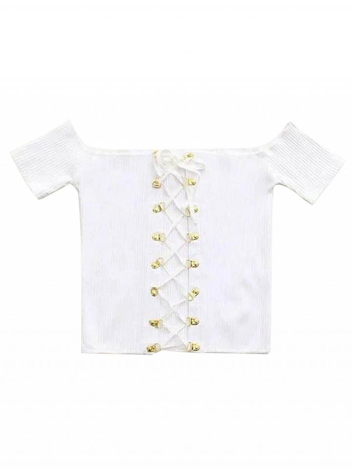 Choies White Off Shoulder Lace Up Front Ribbed Crop Top
