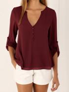 Choies Bordeaux V-neck Button Detail Dip Back Blouse