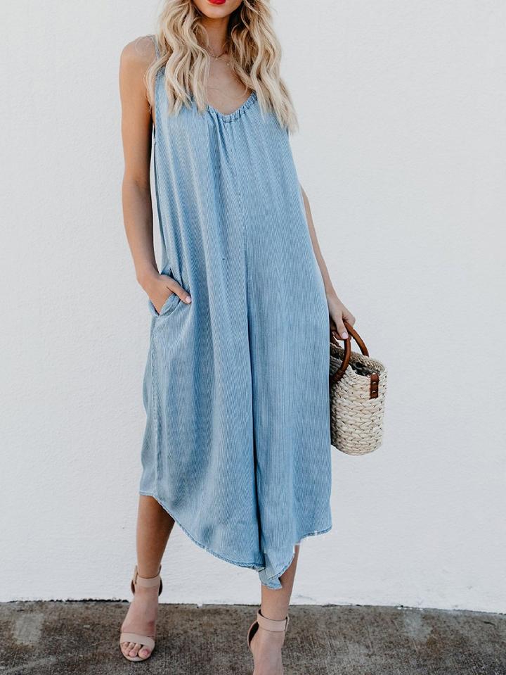 Choies Light Blue Cotton Spaghetti Strap V-neck Chic Women Romper Jumpsuit
