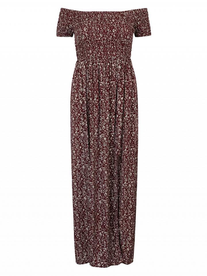 Choies Burgundy Off Shoulder Split Side Floral Maxi Dress