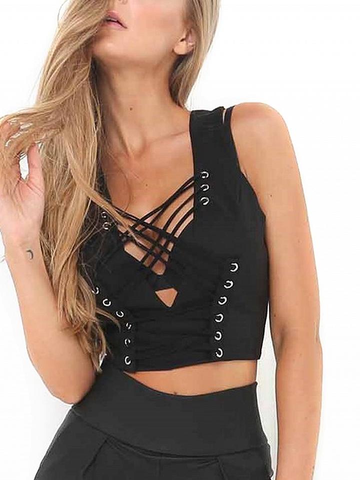 Choies Black Plunge V-neck Lattice Front Sleeveless Crop Top