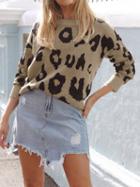 Choies Khaki Crew Neck Leopard Print Long Sleeve Knit Sweater